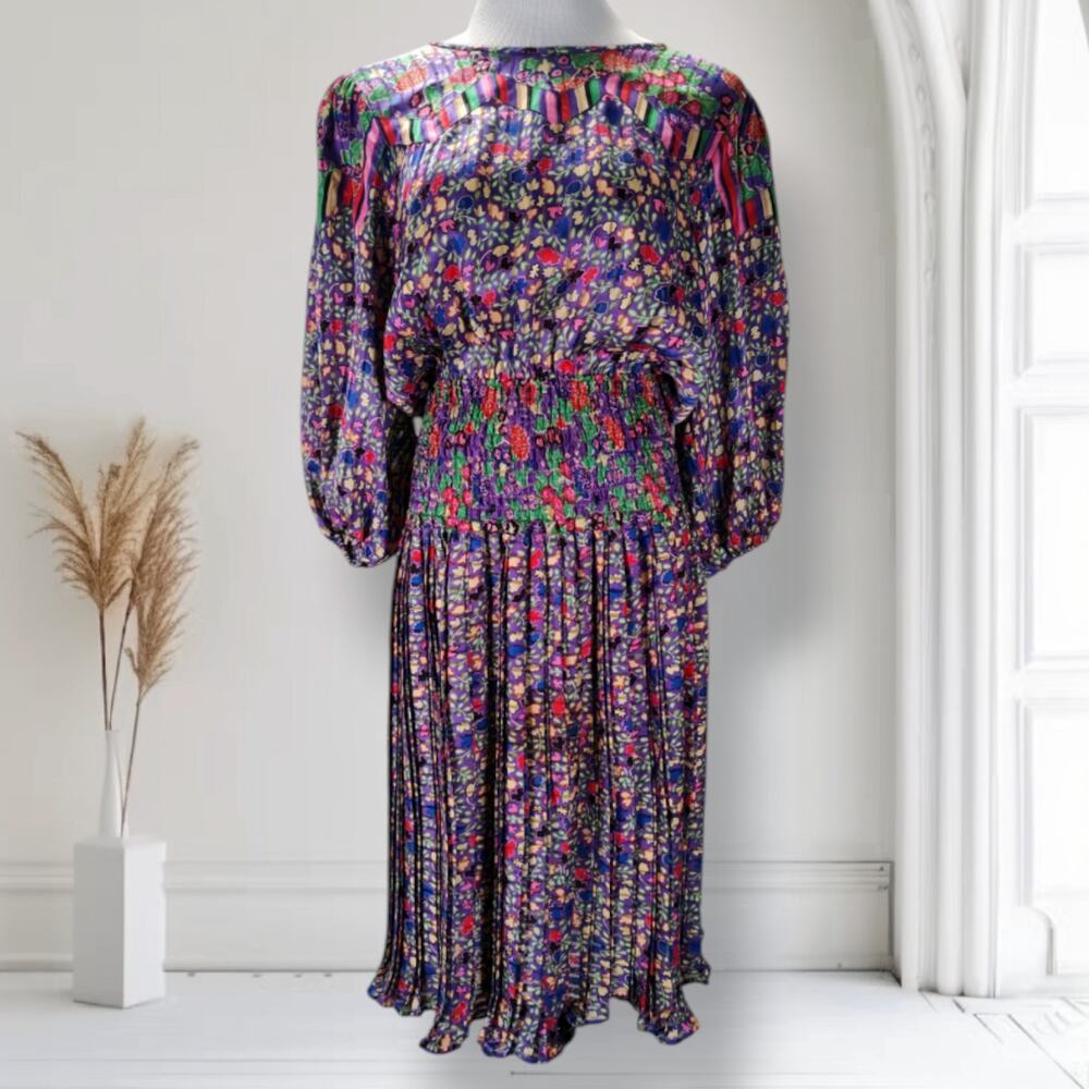 Vintage Diane Freis 80s Smocked Floral Midi Dress Boho Pleated Hong Kong